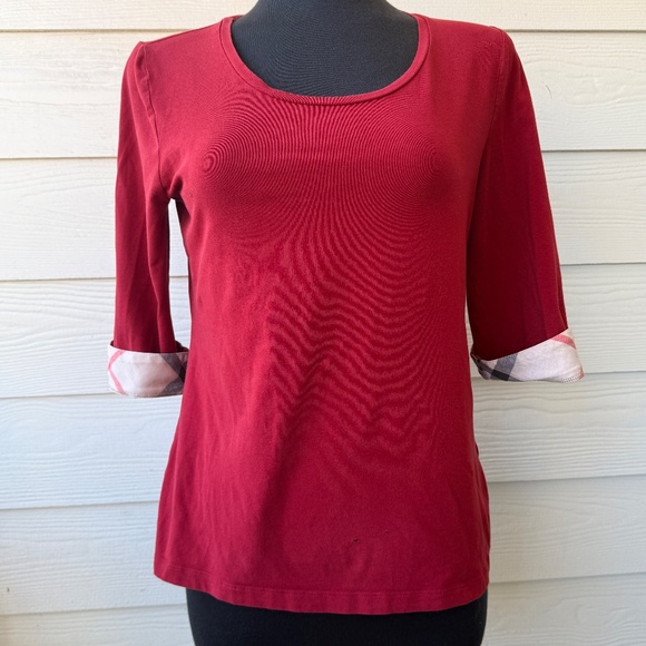 Burberry Red Top with Plaid Cuffs - Picture 2 of 11